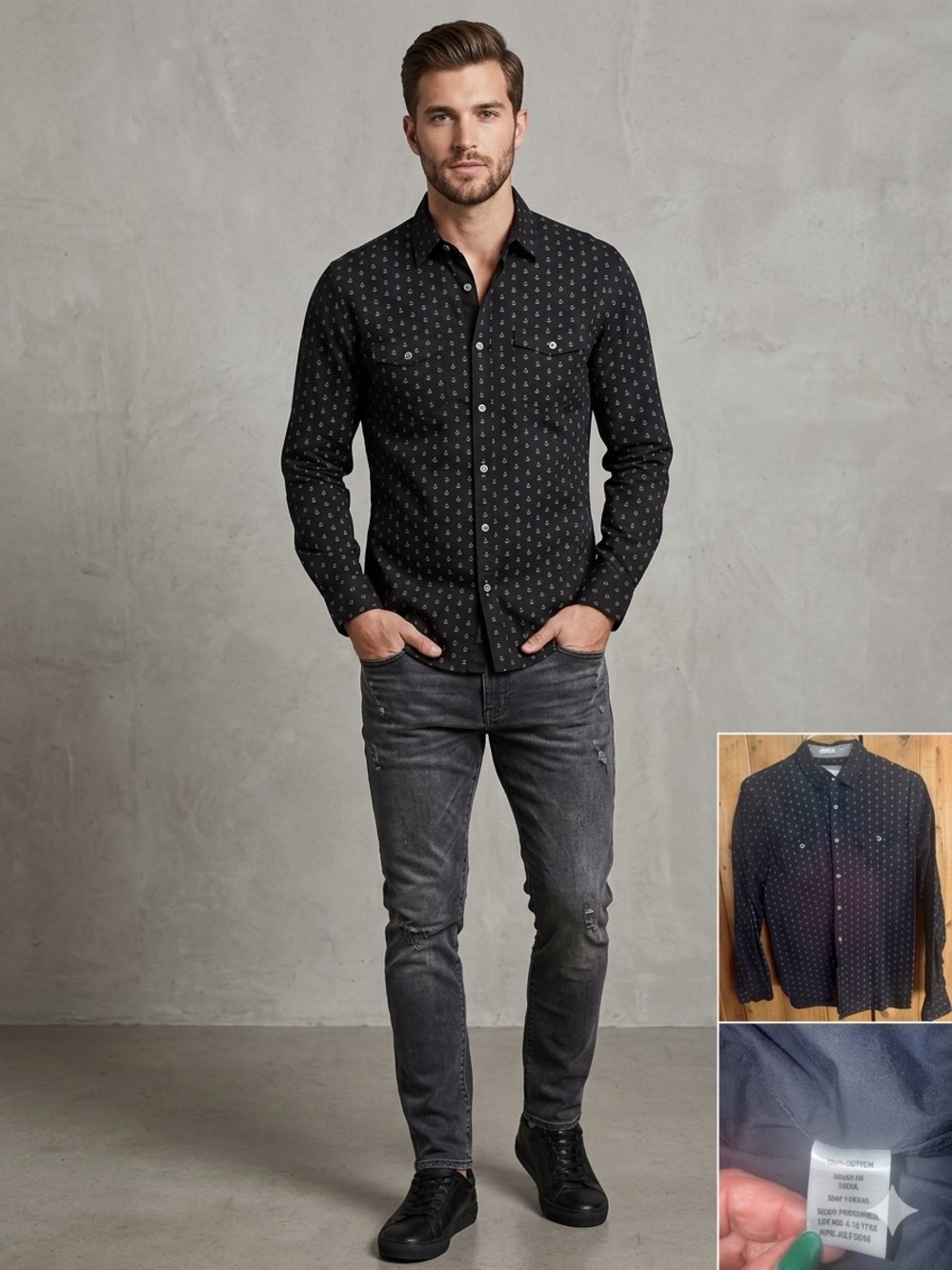PD&C Black Micro-Anchor Printed Long-Sleeve Button-Up Shirt slim fit